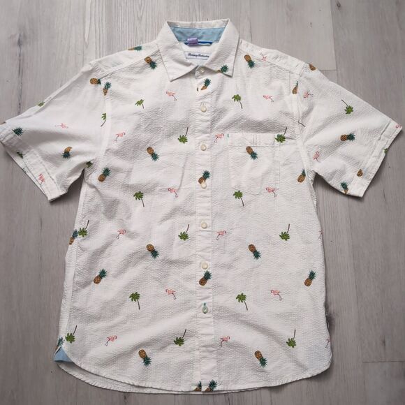 Tommy Bahama Shirt Men’s Small Pineapple Palm Trees Button Shirt Seersucker - Picture 1 of 4